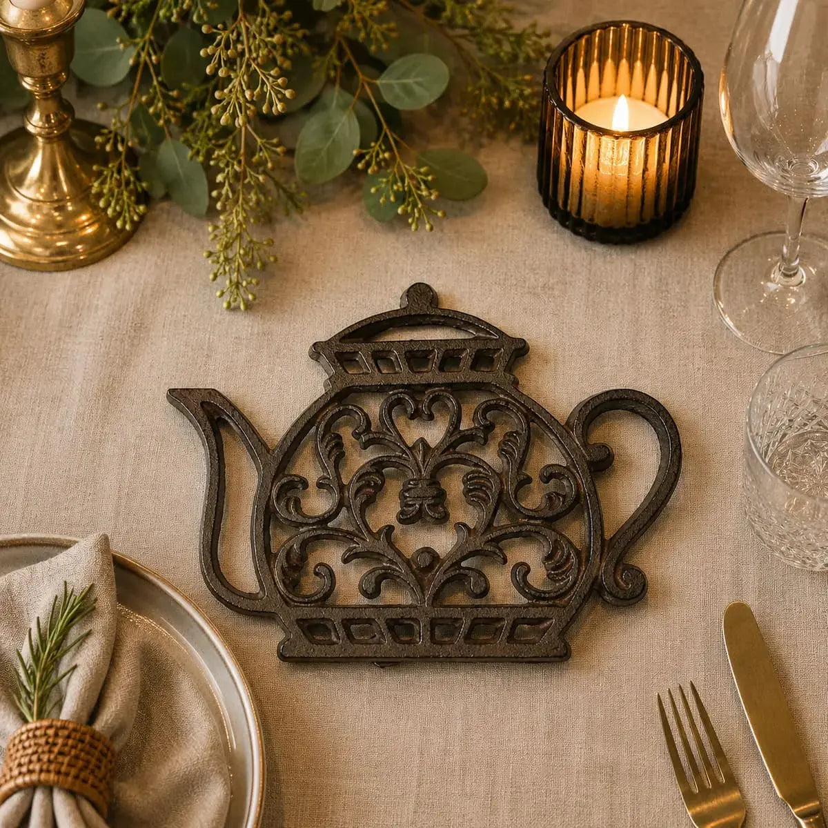Dessous de plat en fonte en forme de théière bronze sur une table dressée avec bougie et verres à vin