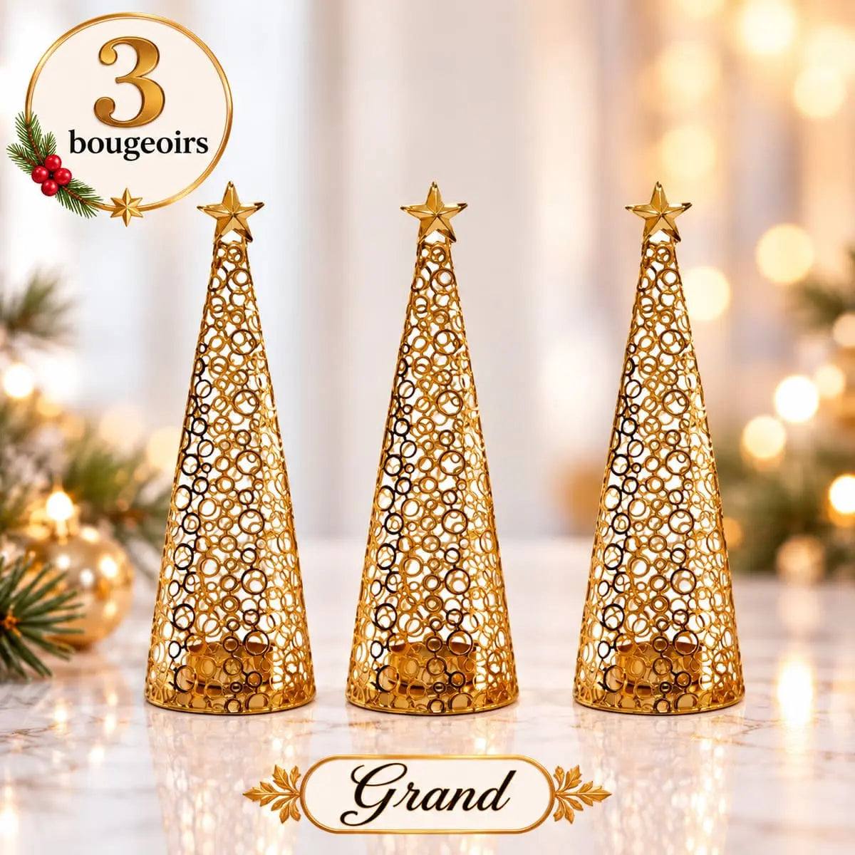 Lot de 3 bougeoirs sapin de Noël dorés, grand modèle de 25,5 cm