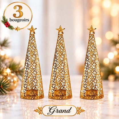 Lot de 3 bougeoirs sapin de Noël dorés, grand modèle de 25,5 cm
