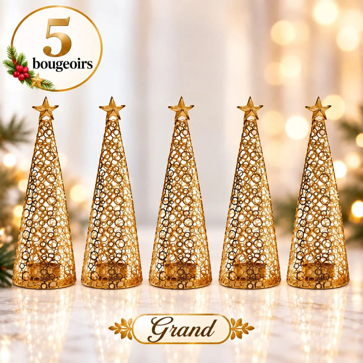Lot de 5 bougeoirs sapin de Noël dorés, grand modèle de 25,5 cm
