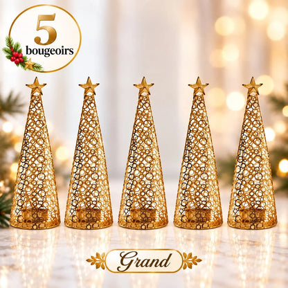 Lot de 5 bougeoirs sapin de Noël dorés, grand modèle de 25,5 cm