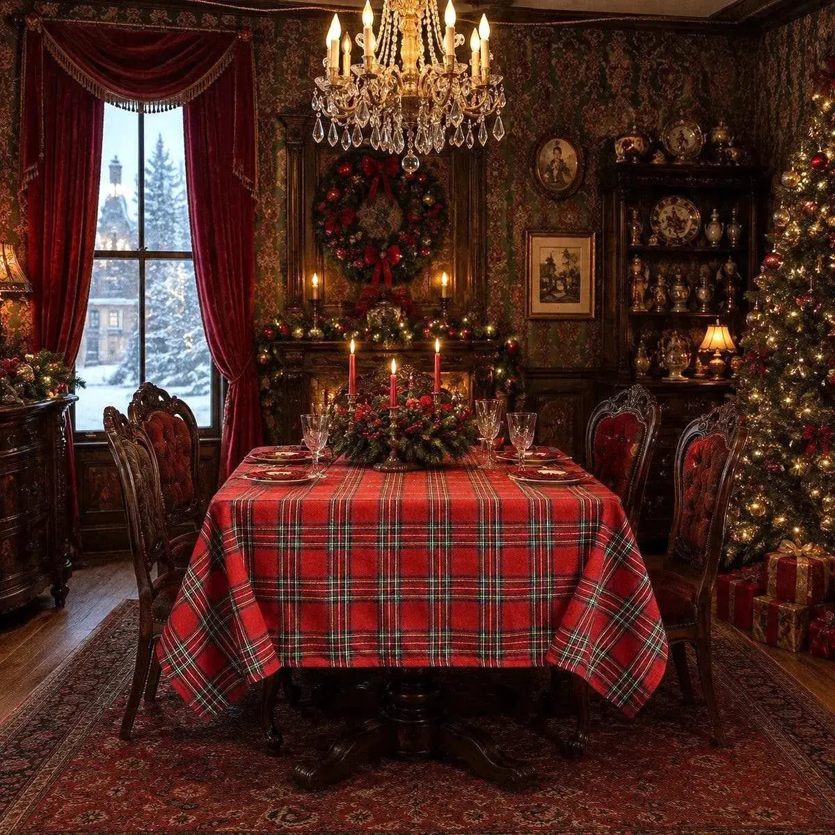 Nappe de Noël à carreaux rouge foncé dans une salle à manger victorienne éclairée par un lustre en cristal