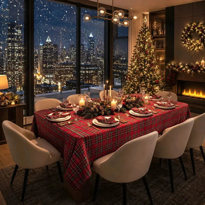 Nappe de Noël à carreaux rouge foncé sur une table dressée pour huit, avec vue sur la ville enneigée en soirée