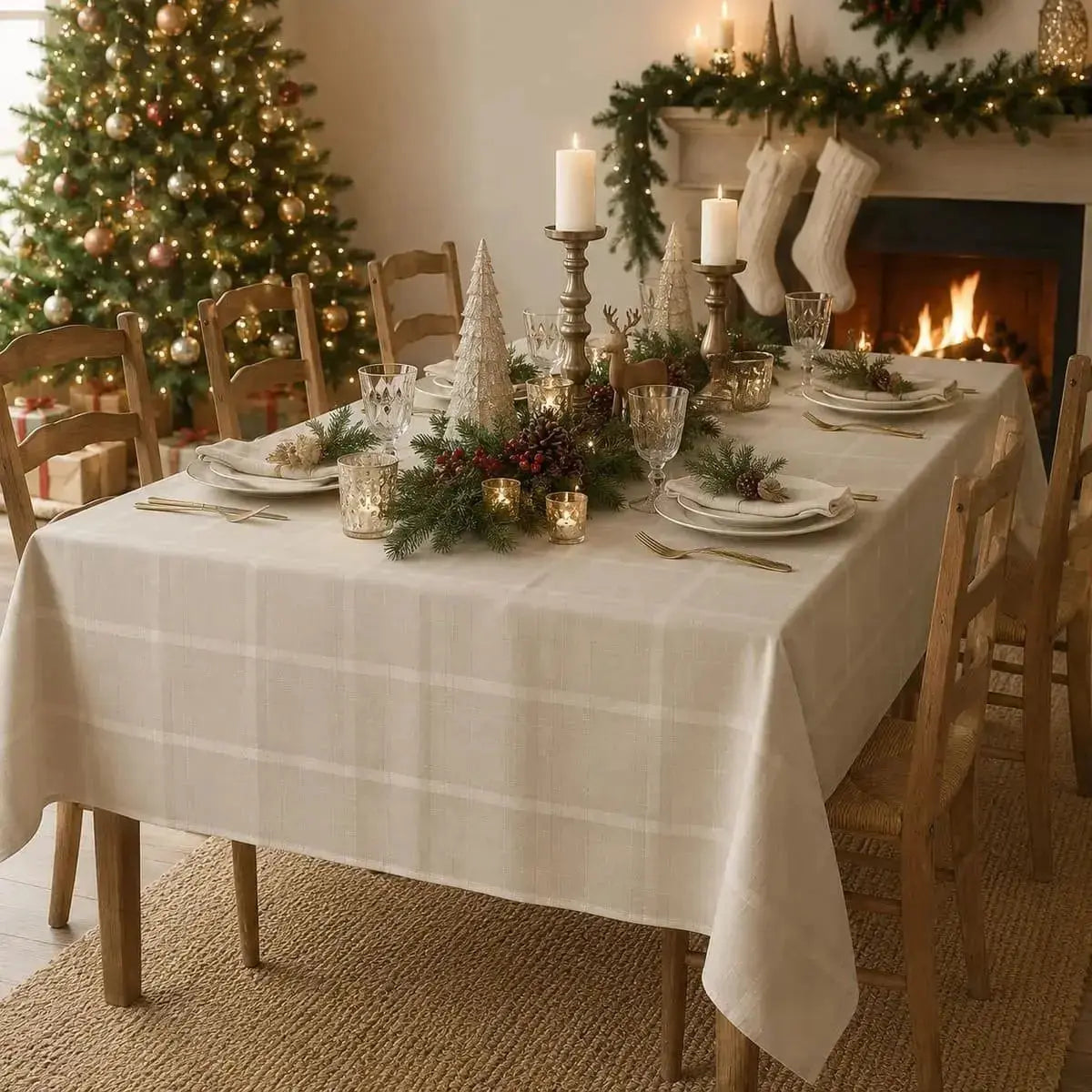 Nappe de table beige à carreaux dressée pour Noël devant une cheminée allumée, avec bas de Noël et sapin décoré