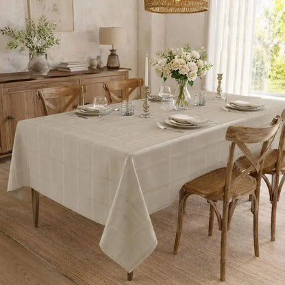 Nappe de table beige à carreaux sur une table dressée dans une salle à manger rustique, avec roses blanches et bougies