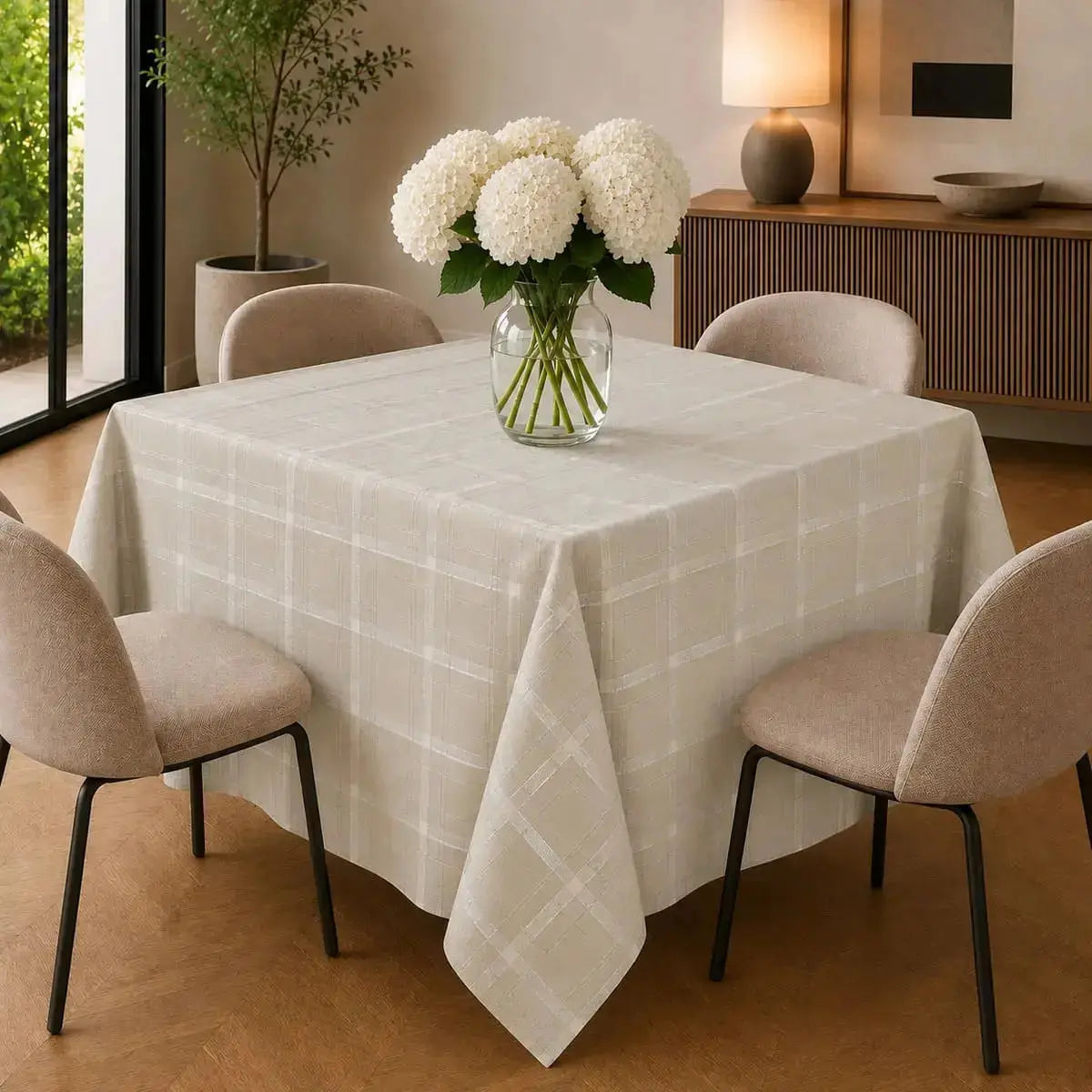Nappe de table beige à carreaux sur une table carrée, dans un intérieur moderne épuré avec hortensias blancs