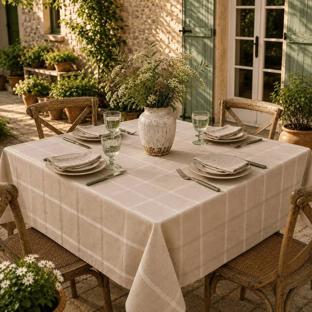 Nappe de table beige à carreaux sur une table carrée dressée en terrasse extérieure