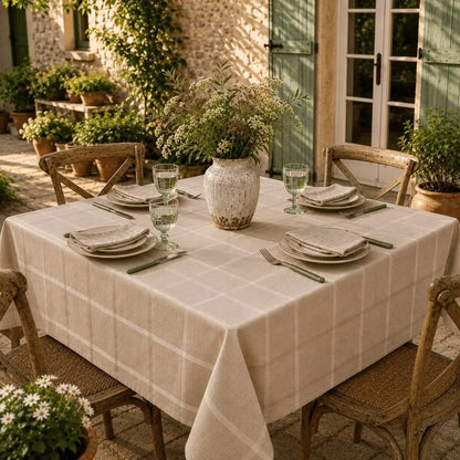 Nappe de table beige à carreaux sur une table carrée dressée en terrasse extérieure
