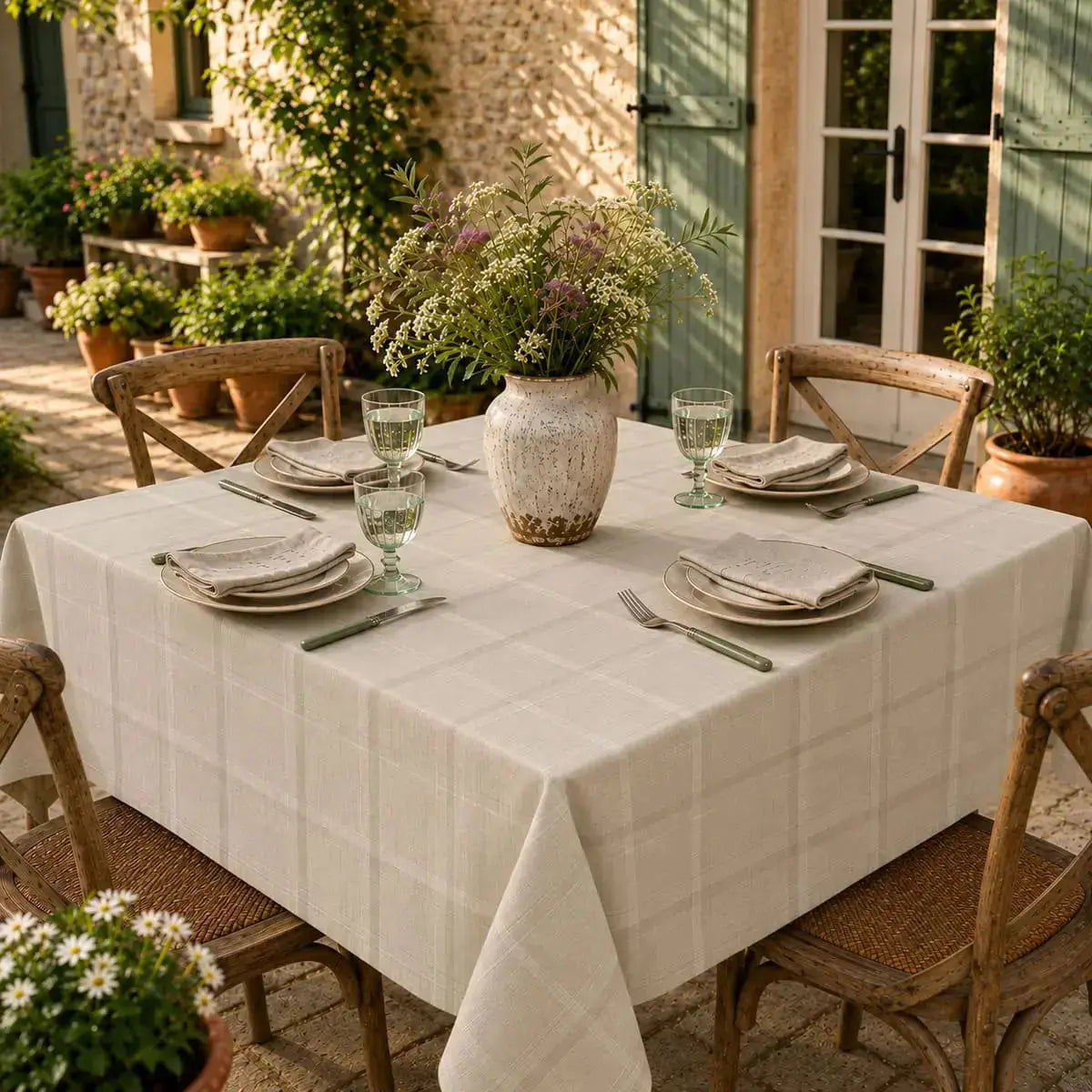 Nappe de table beige à carreaux sur une table carrée en terrasse, entourée de volets verts et de fleurs sauvages