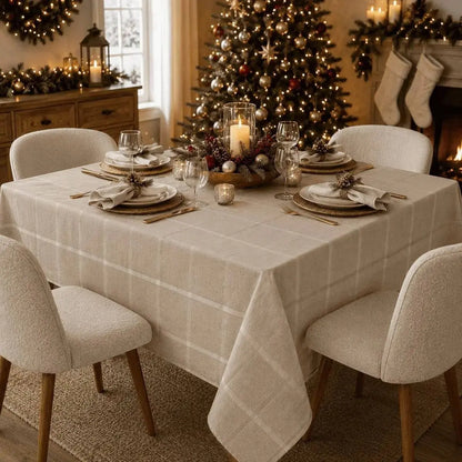 Nappe de table beige à carreaux dressée pour un repas de Noël devant un sapin décoré