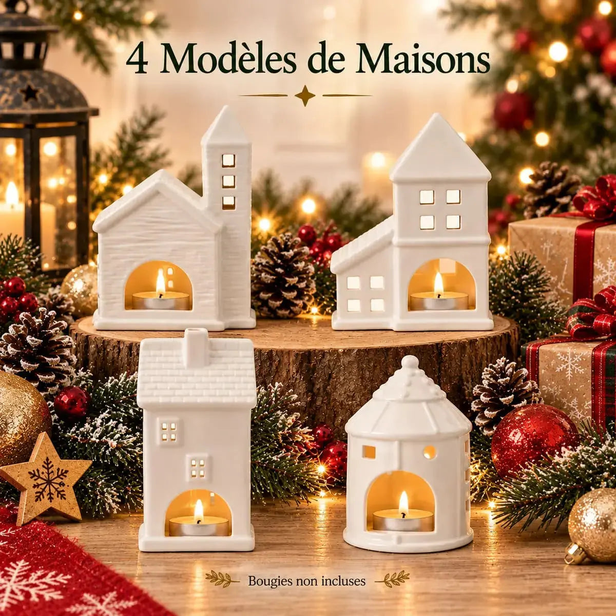 Les 4 modèles de maisons du photophore en céramique pour un village de Noël complet