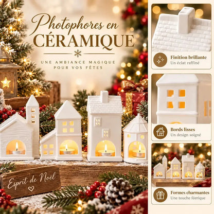 Infographie du photophore en céramique : finition brillante, bords lisses, formes charmantes