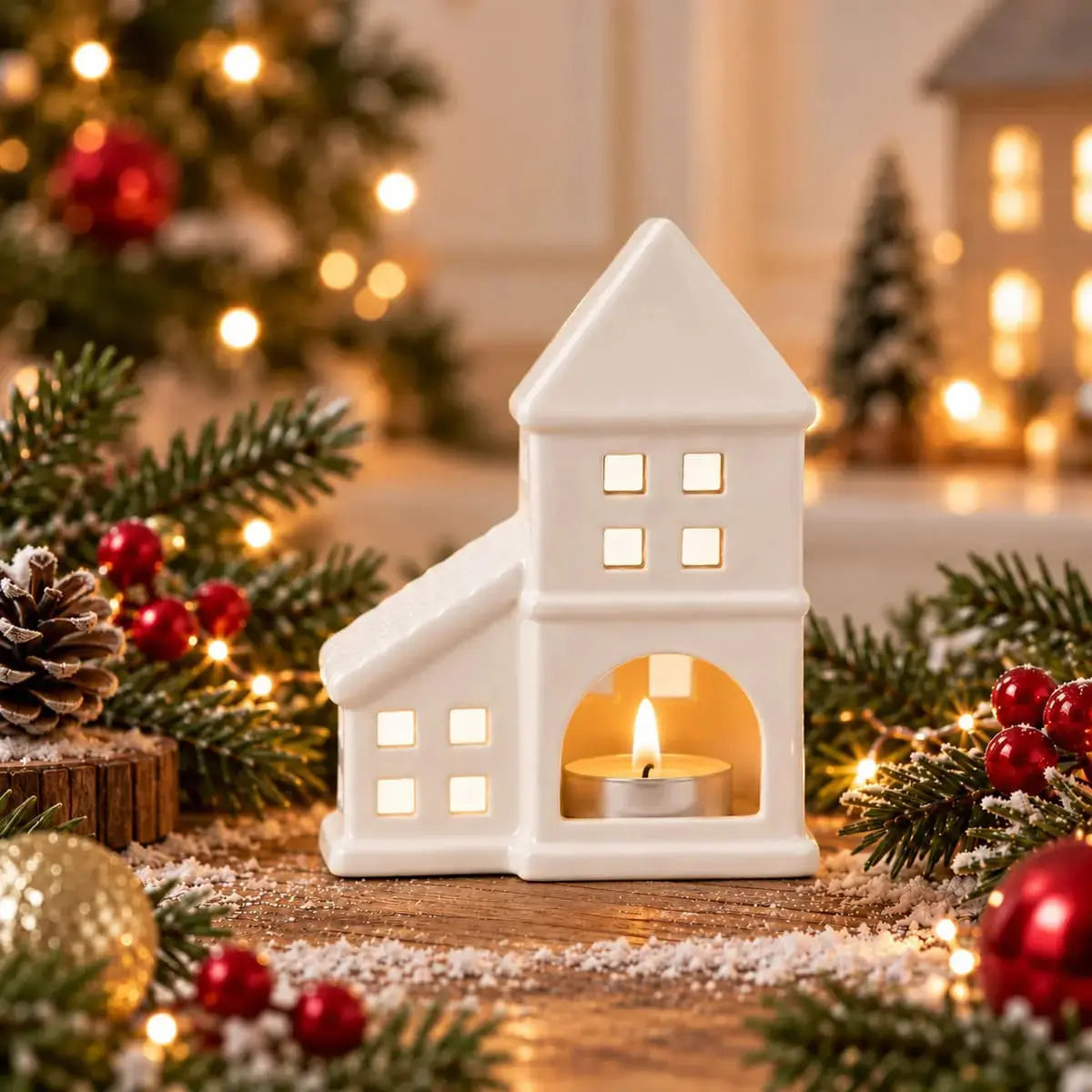 Photophore en céramique blanche en forme de maison de campagne, avec décor de Noël lumineux