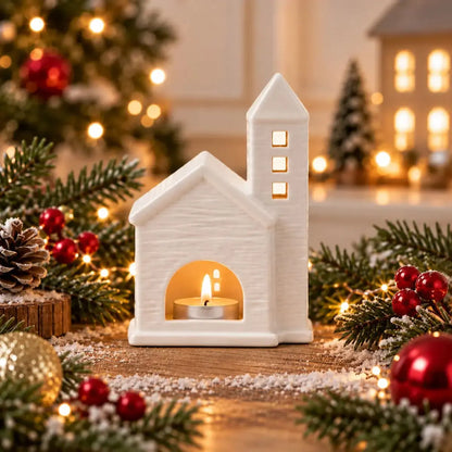Photophore en céramique blanche en forme d'église avec clocher, décoration de Noël
