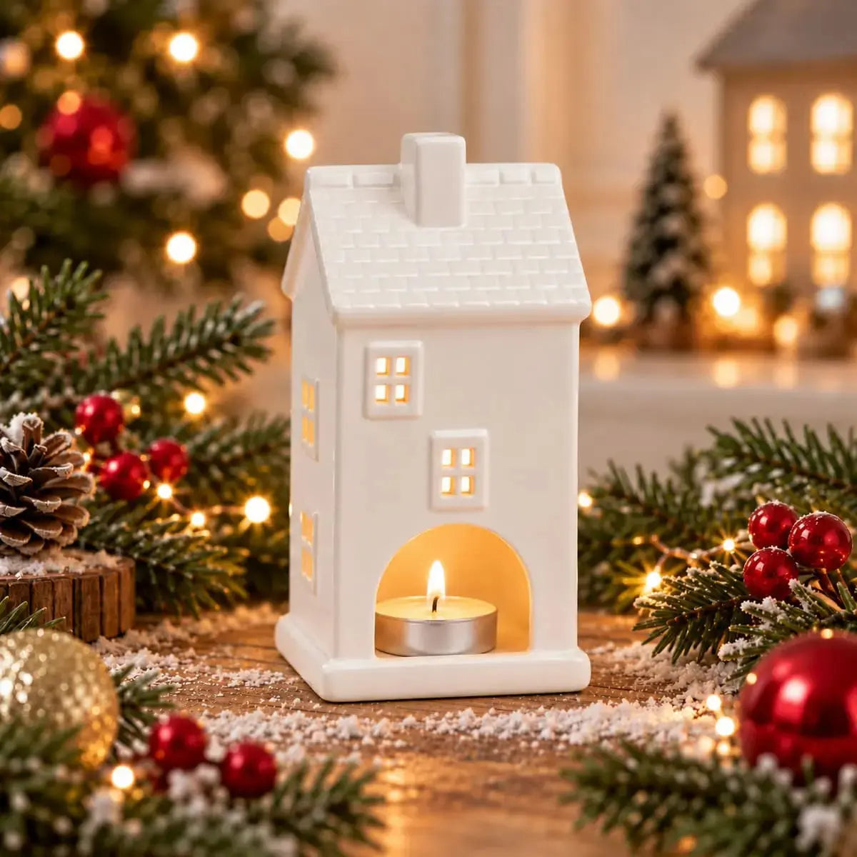 Photophore en céramique blanche en forme de maison à étages avec cheminée pour Noël