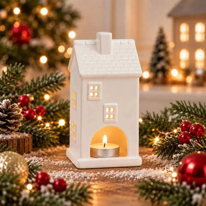 Photophore en céramique blanche en forme de maison à étages avec cheminée pour Noël