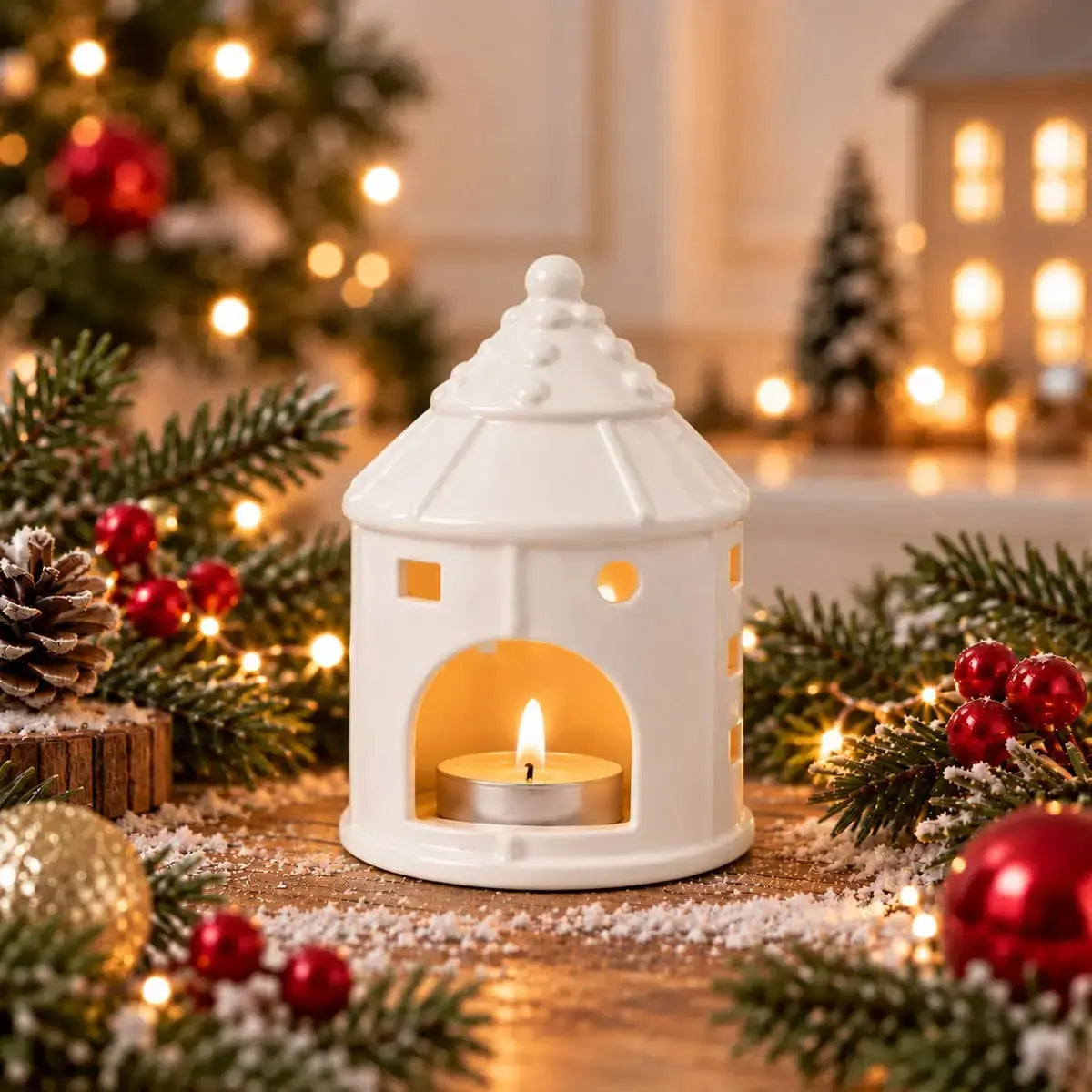 Photophore en céramique blanche en forme de tourelle avec bougie allumée pour Noël