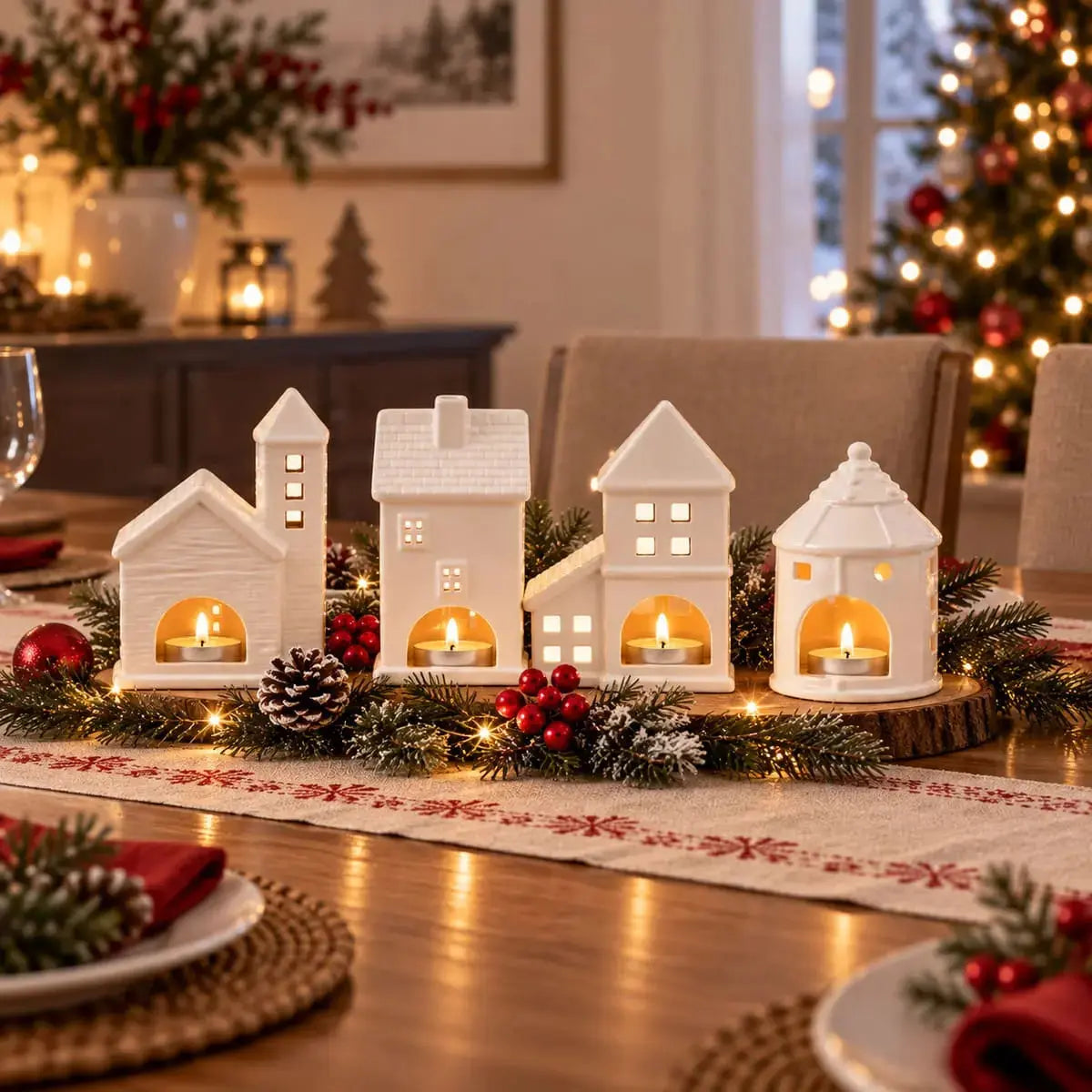 Village de photophores céramique en centre de table pour un repas de Noël