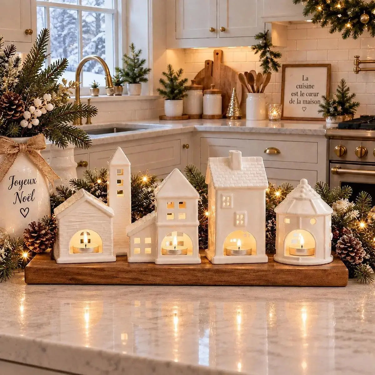 Village de photophores en céramique sur un comptoir de cuisine décoré pour Noël