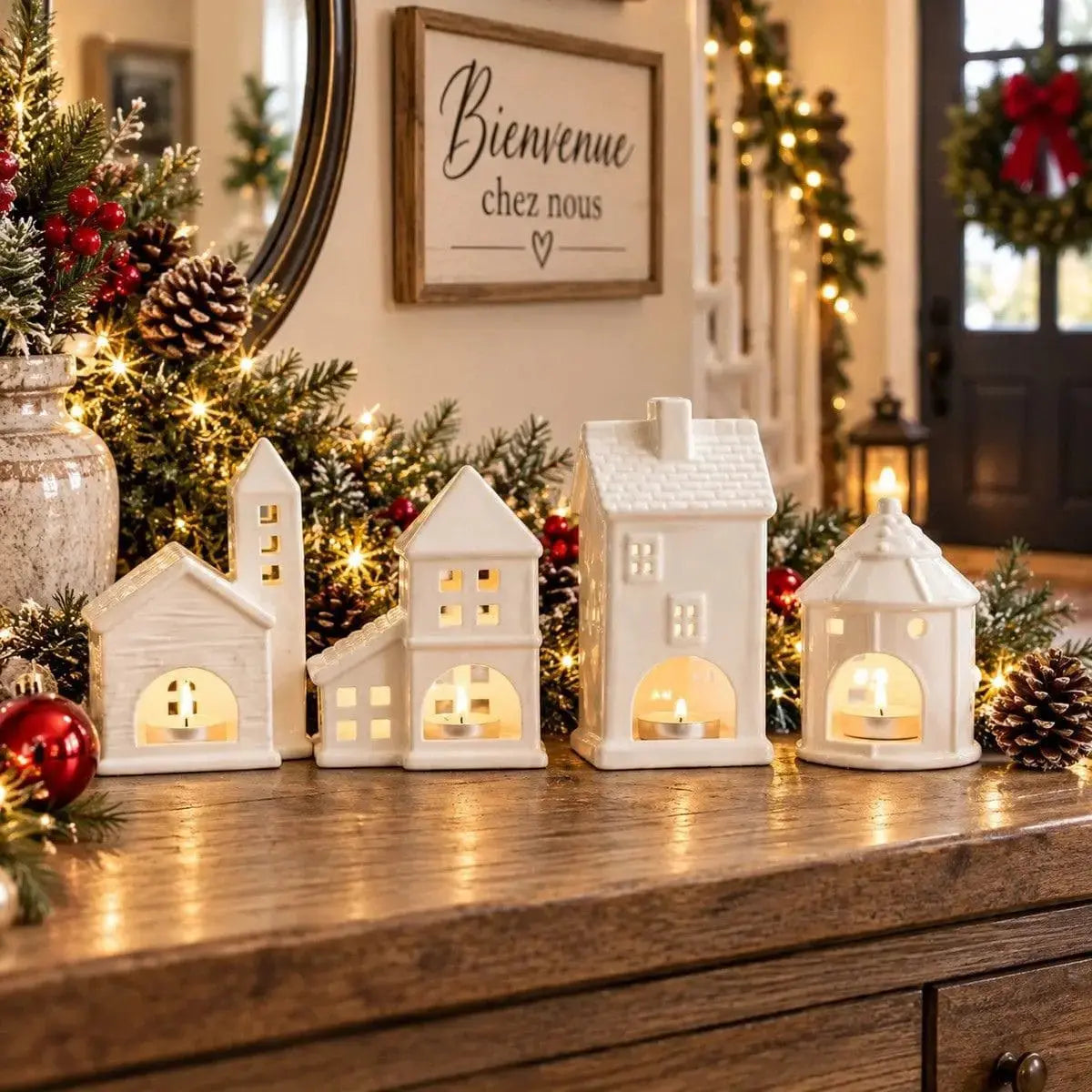 Village de photophores en céramique installé dans une entrée décorée pour Noël