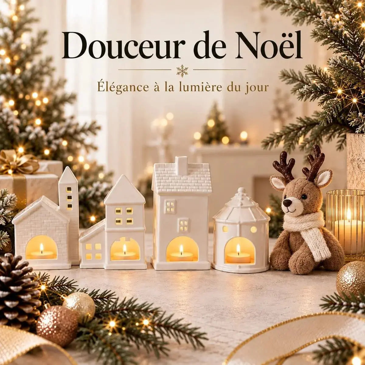 Village de Noël en photophores céramique à la lumière du jour avec peluche renne