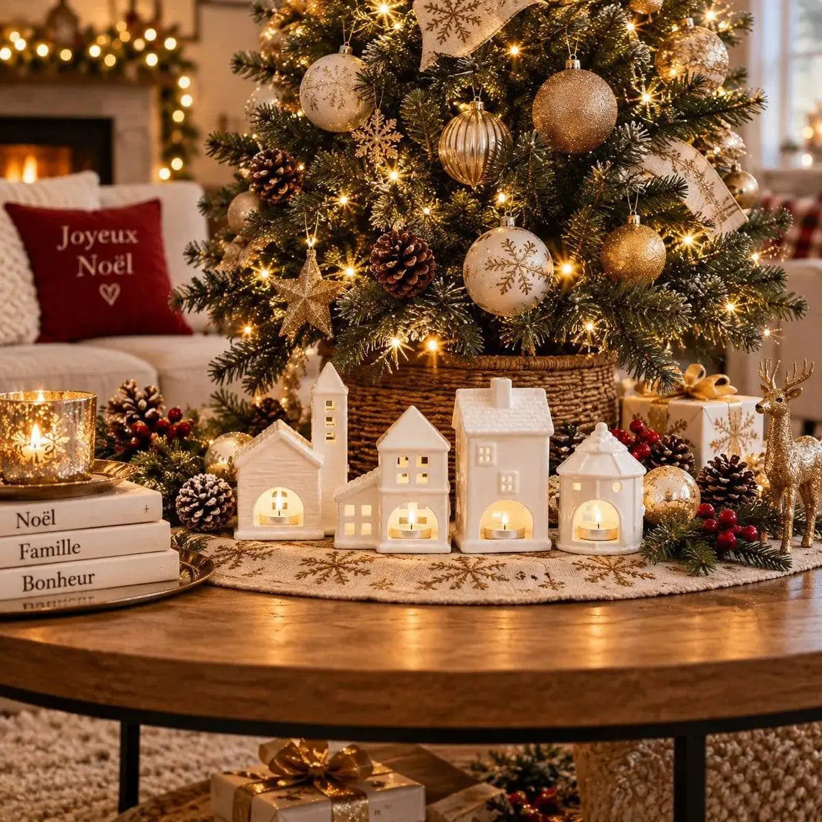 Village de photophores céramique installé au pied d'un sapin de Noël sur une table