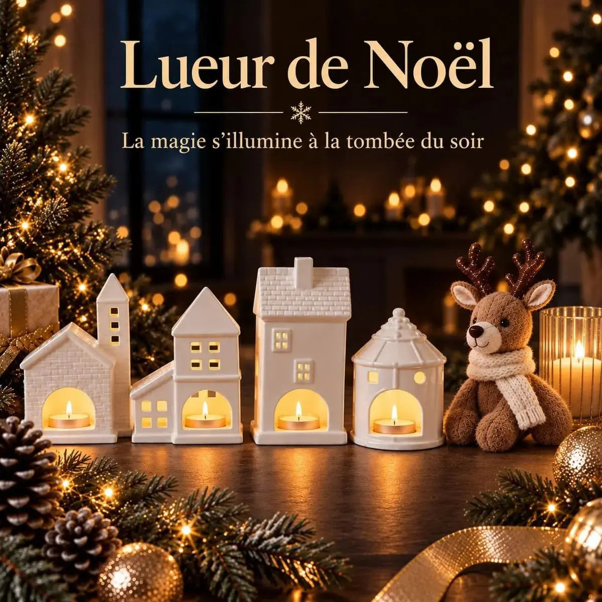 Village de Noël en photophores céramique illuminé à la tombée du soir avec peluche renne et bougies