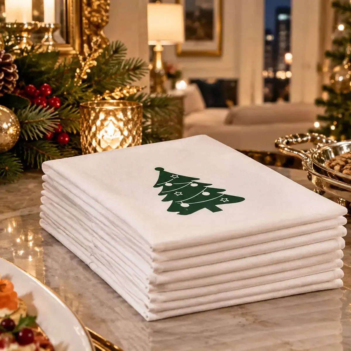 Lot de serviettes de table de Noël en coton blanc à motif sapin, empilées et pliées sur un comptoir