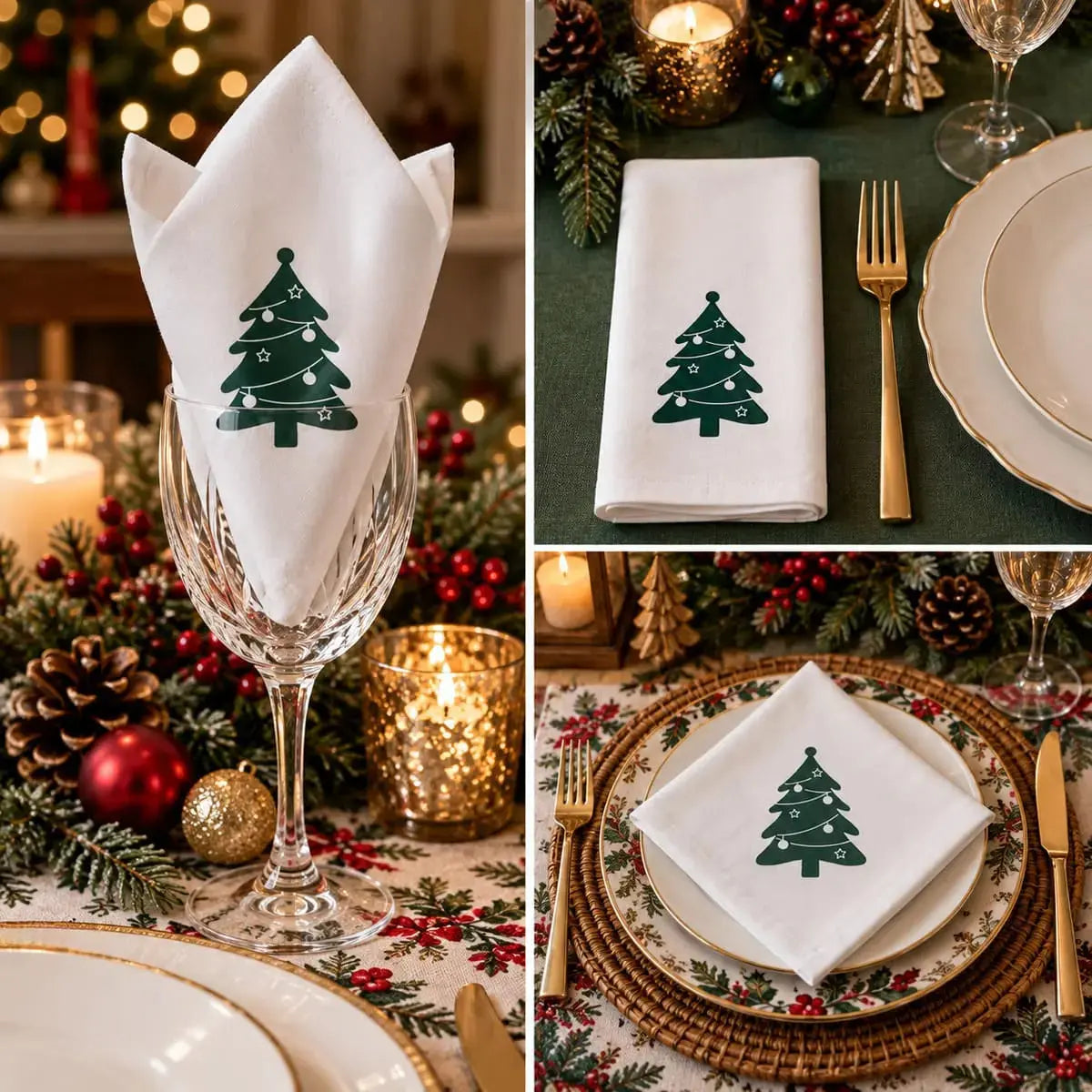 Serviette de table de Noël en coton blanc à motif sapin, présentée en plusieurs pliages : verre, nappe verte et assiette fleurie