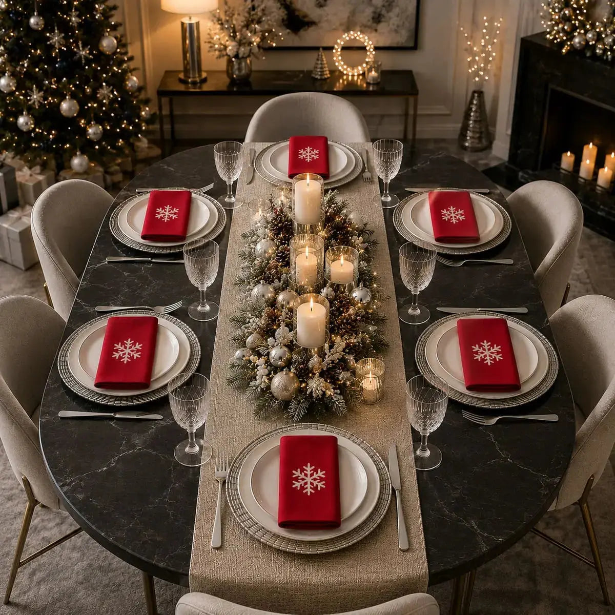 Serviette de table de Noël en coton rouge à motif flocon de neige, sur table ovale dressée avec décor argenté