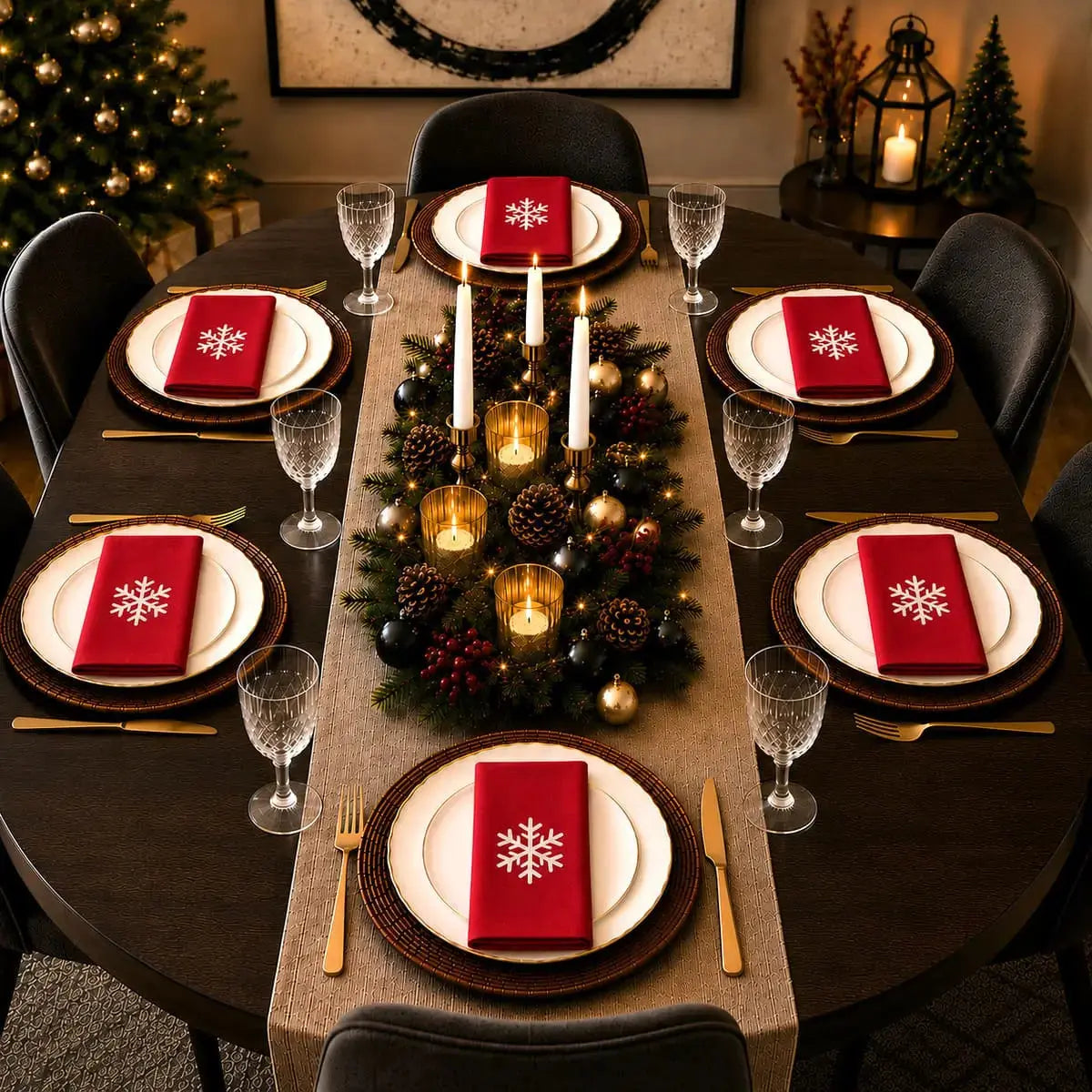 Serviette de table de Noël en coton rouge à motif flocon de neige, sur table ovale moderne dressée pour six
