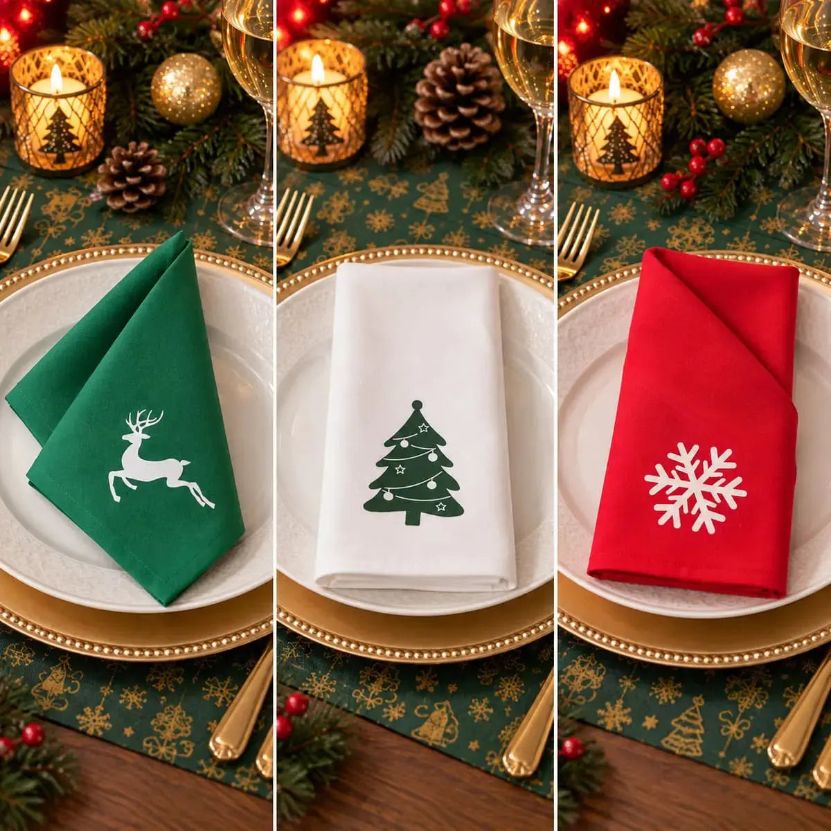 Trio de serviettes de table de Noël en coton, motifs renne vert, sapin blanc et flocon rouge, présentés côte à côte