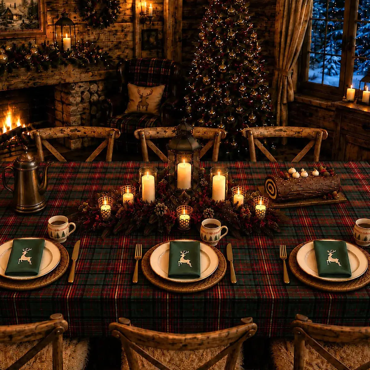 Serviette de table de Noël en coton vert à motif renne, sur table dressée dans un chalet d'hiver avec cheminée