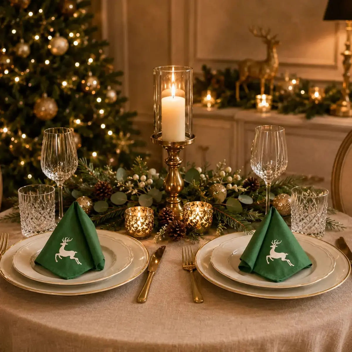 Serviette de table de Noël en coton vert à motif renne, sur table ronde dressée avec bougies et sapin décoré